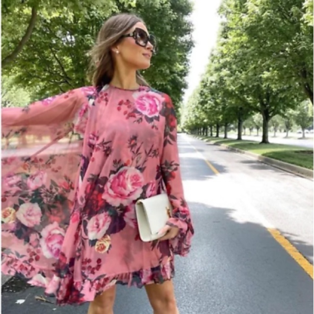 Mac Duggal Womens 55404 Pink Floral Print Ruffle Hem Cape Mini Dress 4